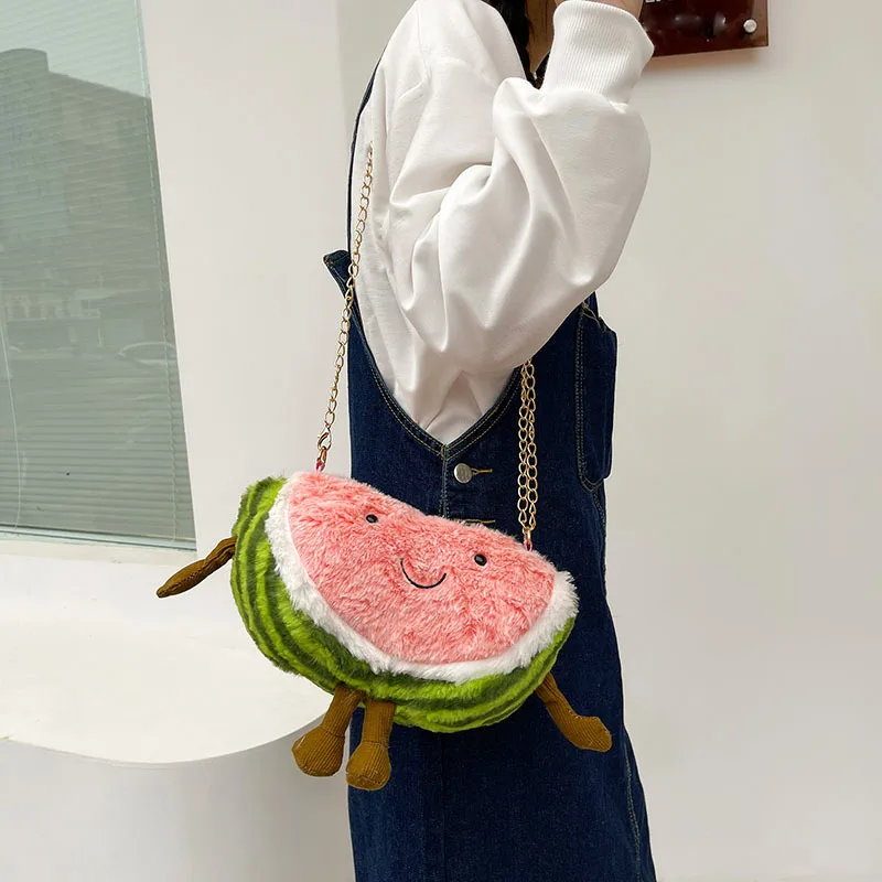

Kawaii Pink Watermelon Women Little Plush Shoulder Bag Female Small Cross Body Bags Zipper Cloth Purse Mobile Phone Bag Tote