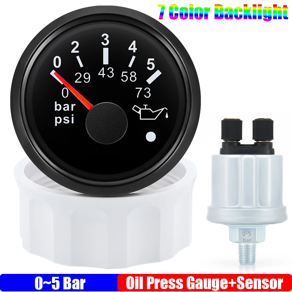 

Манометр масла 0 ~ 5 бар с сигнализацией, 7 цветов, подсветка, 52 мм, измеритель масла + датчик 0 ~ 10 бар для авто, морской лодки, 12 В, 24 В, на заказ
