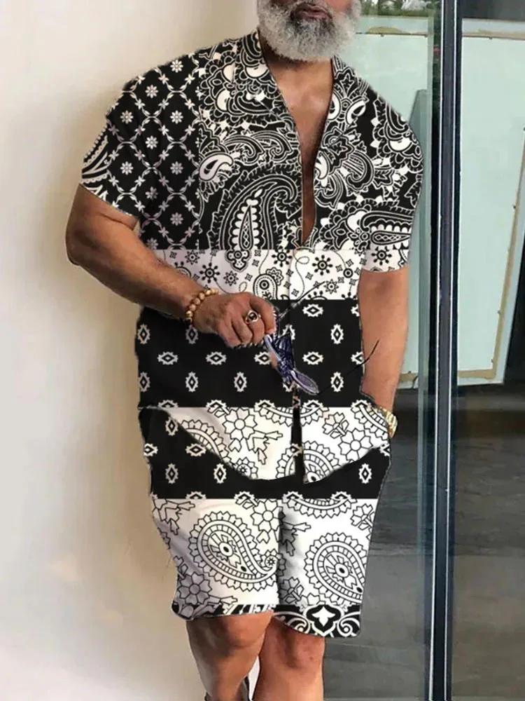 Summer Men Short Sleeve Shirt 2-Piece Set Luxury Hawaiian Loose Retro Male Tracksuit Street Beach Lapel Button-Down Tops