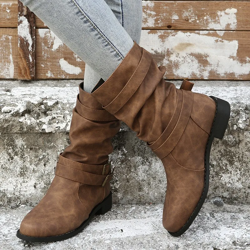 

2023 Fashion Shoes for Women Slip on Women's Boots Winter Round Toe Solid Flock Buckle Decoration Chunky Heels Western Boots