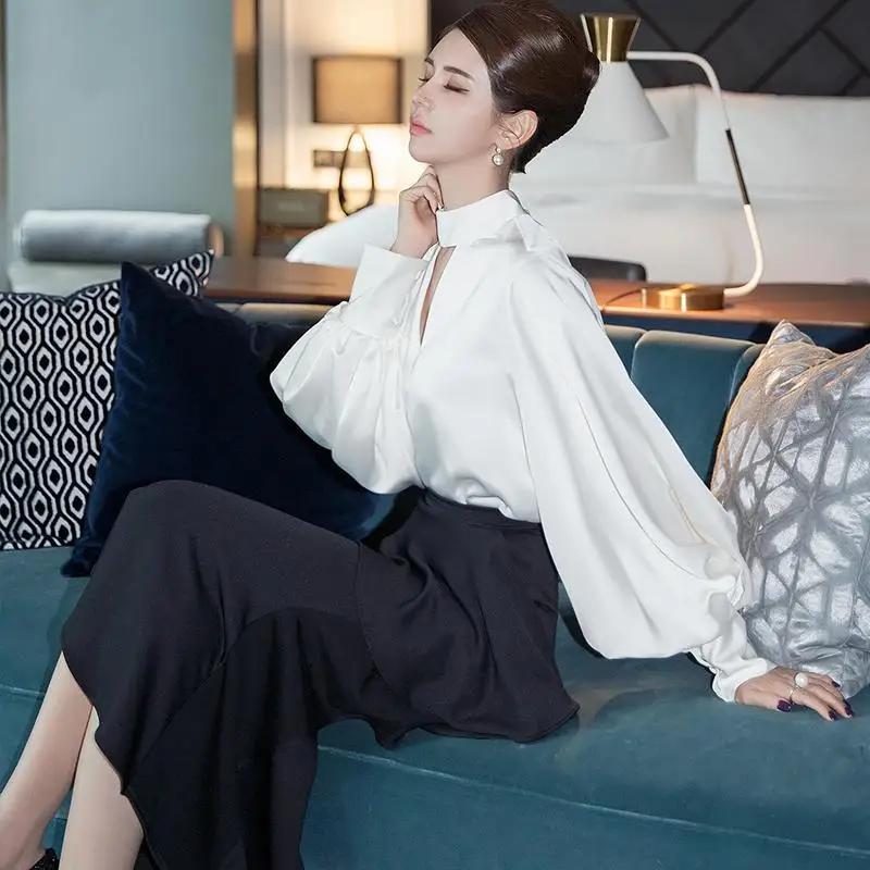 

Elegant OL Skirt Suit Women Two Piece Set Office White Lantern Sleeve Shirt Fishtail Skirt Female Outfits Autumn Korean Clothing