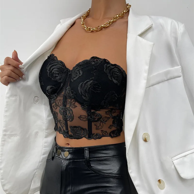 Womens Bustier Crop Tops Embroidery Flower See Through Off Shoulder Tank Vintage Harajuku Fairy Grunge Emo Alt Corset Top |