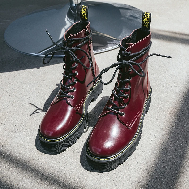 

Replica,Original Custom,Luxury Brand,Girls,Ladies,Women's Shoes,Classic Martin Boots,Wine Red,Motorcycle Boots,Ankle,Round Toe