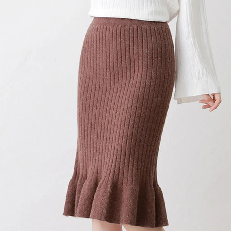 Thickened live shot mid length fishtail skirt in autumn and winter wool knitting buttocks elastic waist skirt