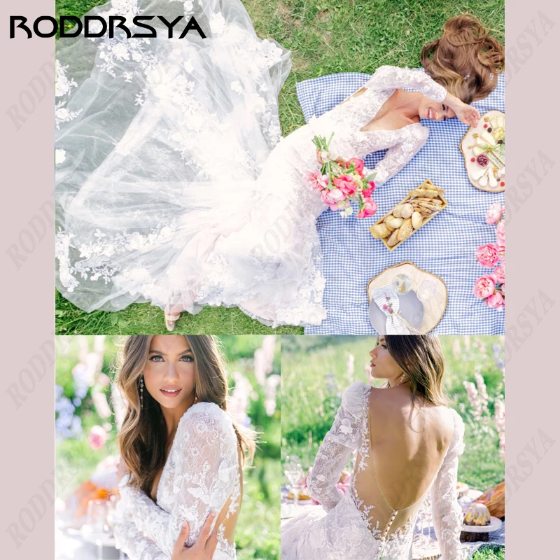 

RODDRSYA Mermaid Wedding Dress Sexy Long Sleeve Straps V-Neck Bride Party Illusion Backless Applique Bridal Gown Robe De Soiree