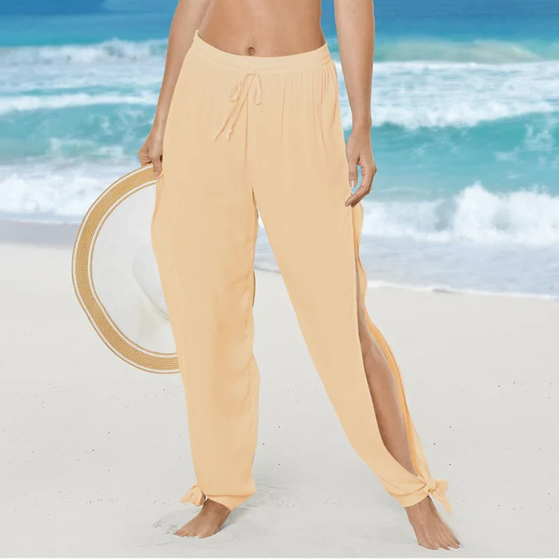

Summer High Slit Women Solid S-3XL Casual Loose Elastic Waist Pants 2021 Hippie Harem Wide Leg Trousers Full Length Personality