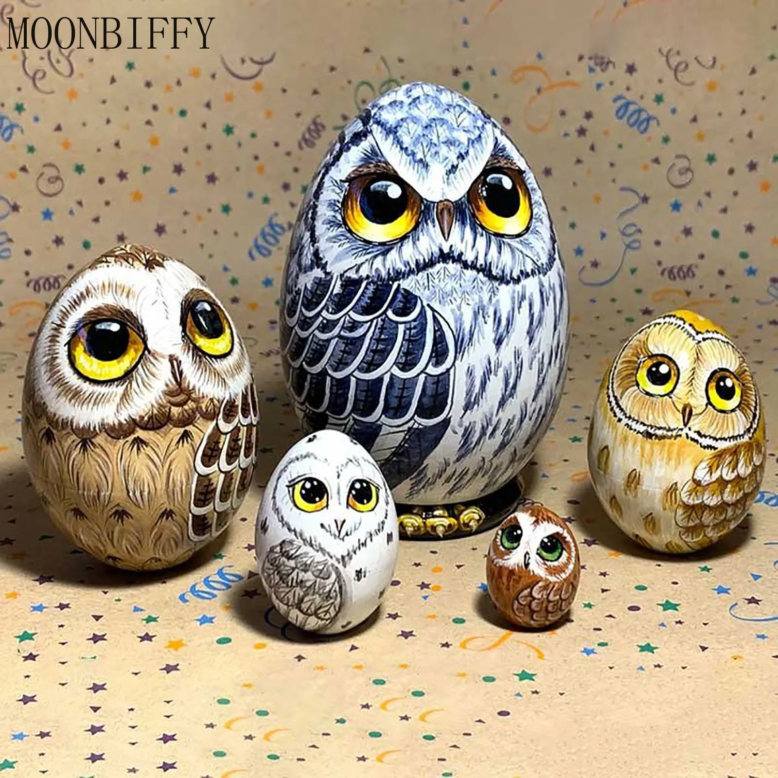

New Owl Figurines Miniatures Nesting Egg Crafts Set Matryoshka Dolls Handmade Wooden Art Toy Birthday Easter Gift For Kids a40