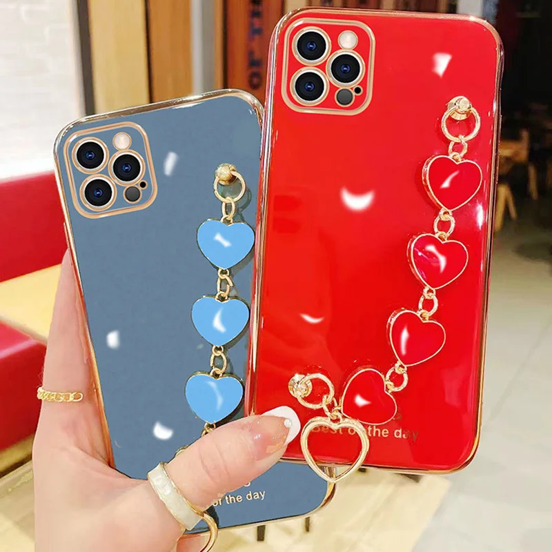 For iPhone 13 12 11 Pro Max mini X XS XR XSMax 6S 7 8 Plus SE2020 Case Luxury Plating Love Bracelet Wrist Chian Strap soft Cover