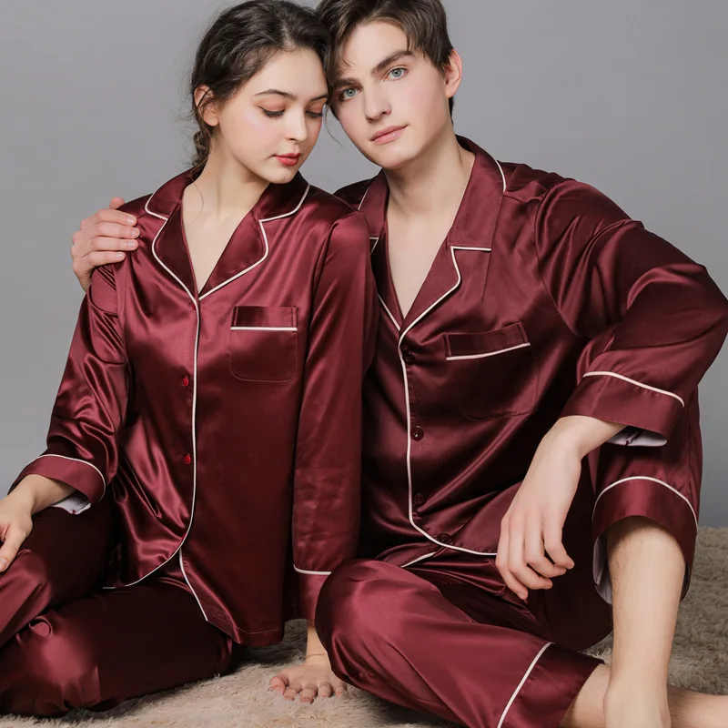 2022New Spring and Autumn Silk Pair Pajamas Women's Autumn Ice Silk Men's Pajamas Home Clothes Long Sleeves Large Size Suit