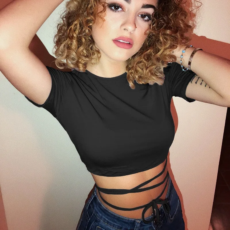 

2022 New Hot Summer Women Black Short T-Shirts Sexy Crop Tops Short Sleeve Bandage Tee Tops Female Shirts