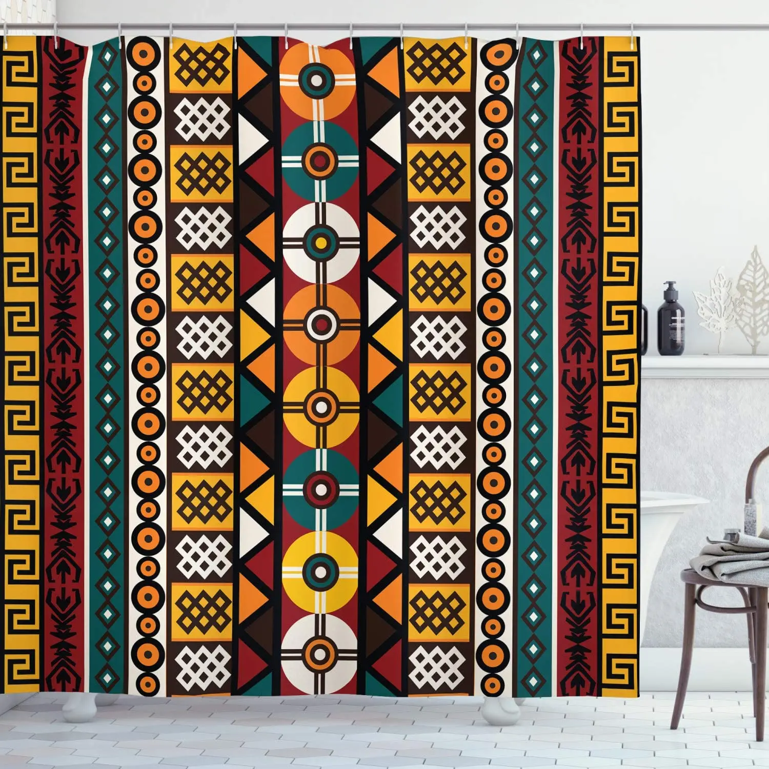 Kente Pattern Shower Curtains Vertical Borders Inspired by Timeless Cultures Geometrical Design Modern Fabric Bathroom Decor Set