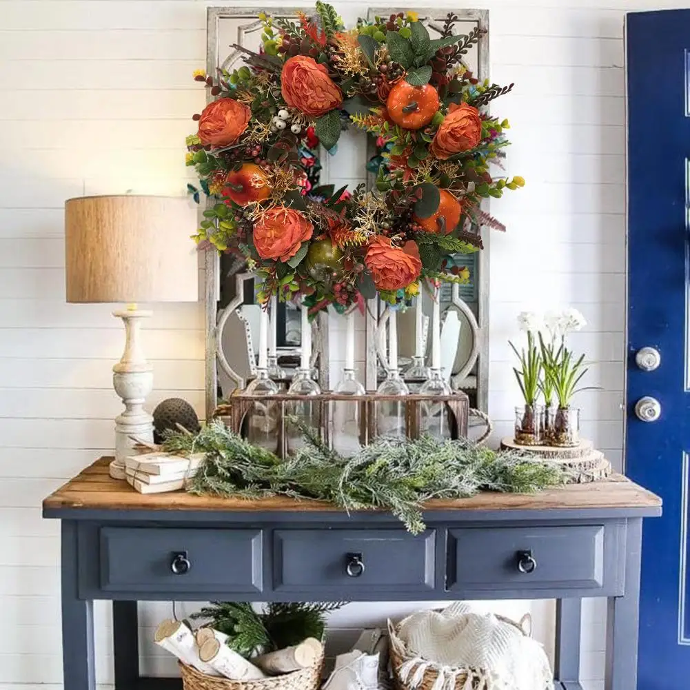 

Искусственная гирлянда, Реалистичный, не выцветающий дизайн сцены, красочный круглый венок на Хэллоуин, осенний Пион и венок тыквы для фест...