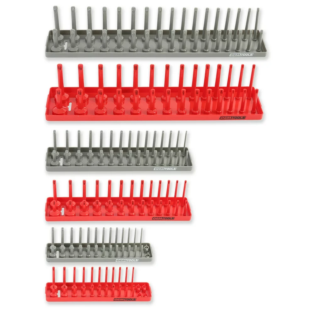 6 Piece SAE and Metric Socket Tray Set (Red and Gray), 1/4