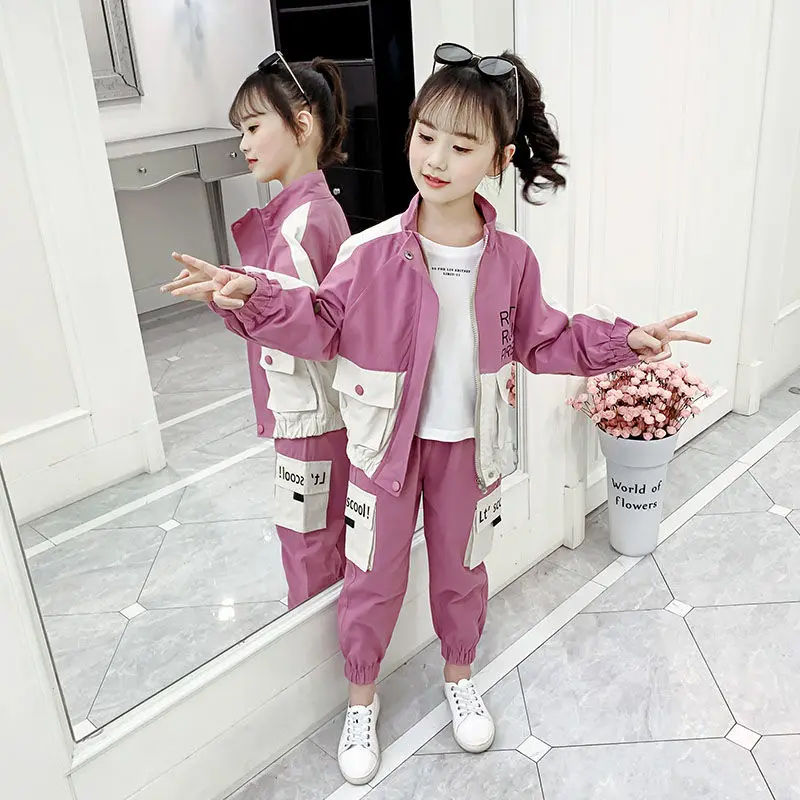 Children Campus Sportswear Teen Girls Clothing Set 2 Pcs Spring Autumn Trench+ Overalls Suit Tracksuit Kids Leisure Clothes Set