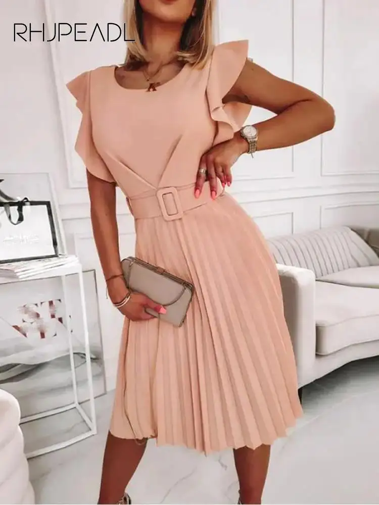 

Элегантное плиссированное платье, женское модное офисное платье миди с рукавом-бабочкой, круглым вырезом и поясом, Летние повседневные пра...