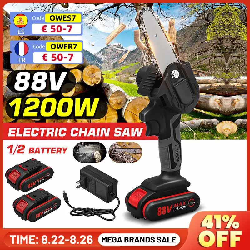 

1200W 4 Inch 88V Mini Pruning Saw Electric Chainsaws One-Handed Garden Trimming Logging Electric Saw Power Tools With 2 Battery