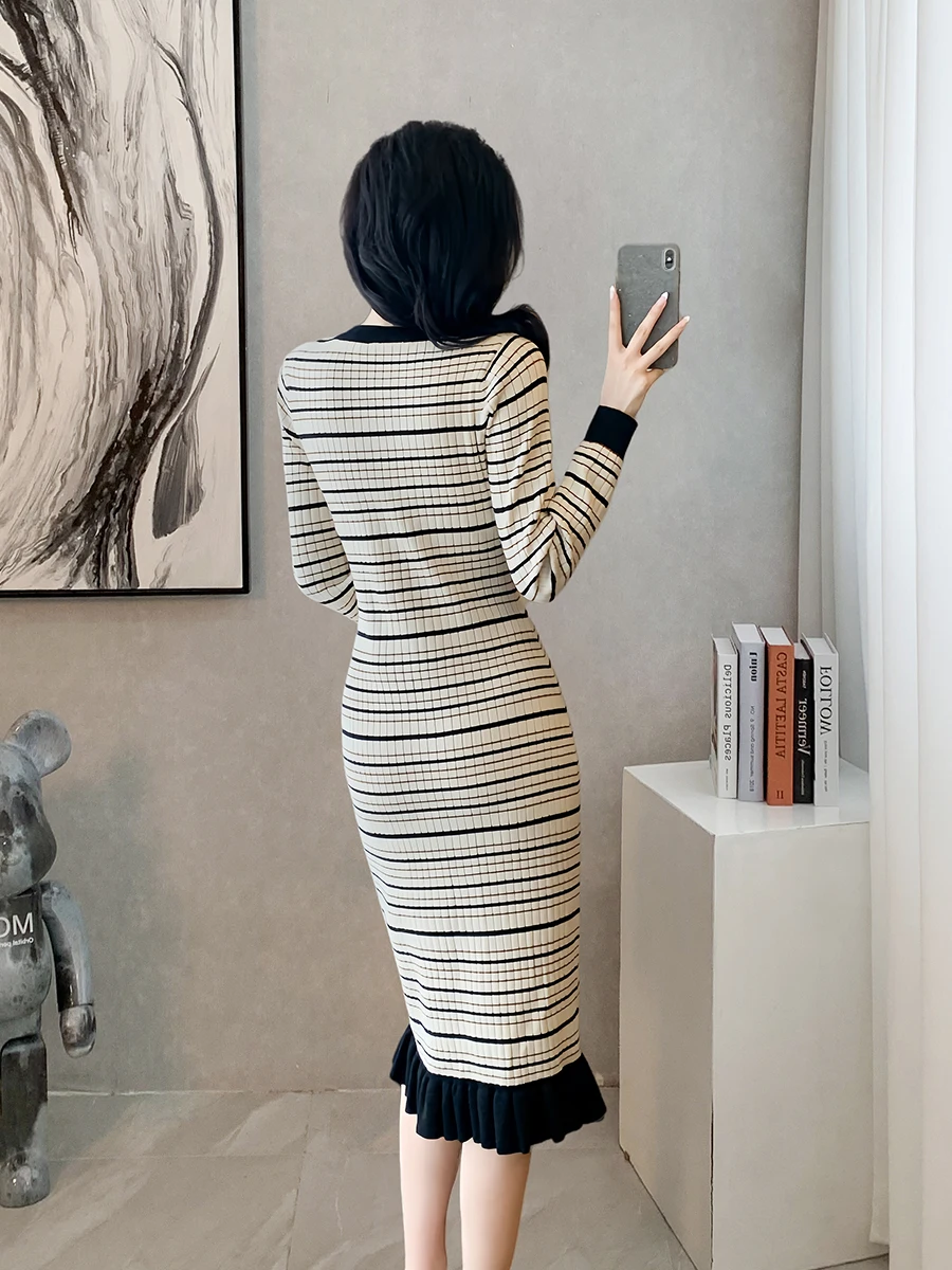 Французское светское трикотажное платье в полоску для женщин 2024 осень и зима