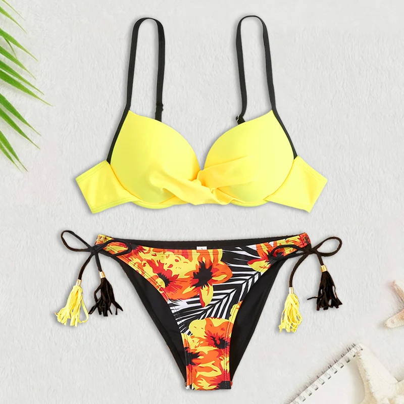 

Sexy Swimwear New Push Up Bikinis Set Floral Print Bathing Suit Summer Brazilian Beach WearTwo Pieces SwimSuits with Tassels