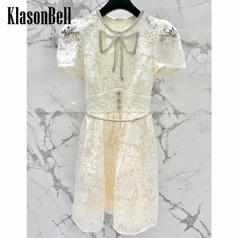 

6.30 KlasonBell Vintage Temperament Rhinestone Bow High Waist Slim Lace Hollow Out Embroidery Mini Dress Women