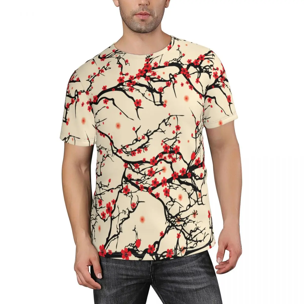 

Футболка мужская с коротким рукавом, винтажная рубашка с круглым вырезом, топ с принтом Сакуры и дерева