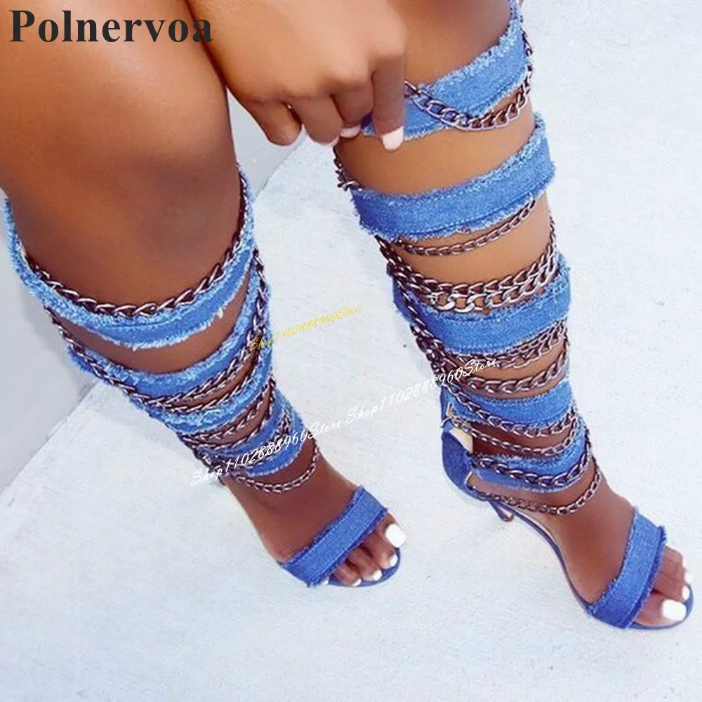 Женские джинсовые босоножки до колена синие из искусственной кожи на тонком