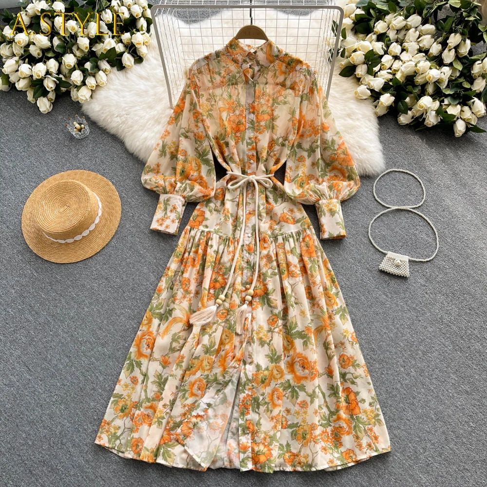 

A GIRLS High Quality Runway Design Long Dress Woman Stand Collar Lantern Sleeve Single-breasted Flower Print A Line Maxi