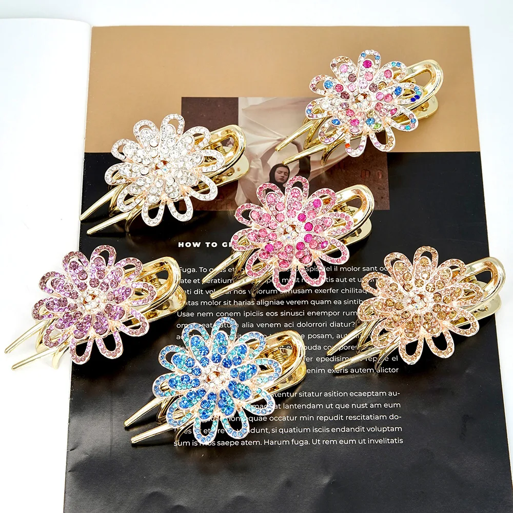 

Rhinestone Flower Headband Three-Tooth Clip Crystal Hair Accessories Large Coil Hair Ponytail Jewelry Wholesale