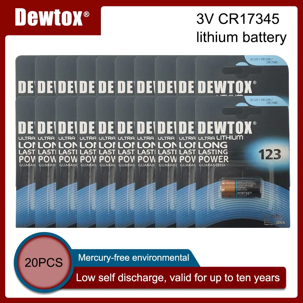 

20PC NEW Original DEWTOX Lithium battery 3v 1550mah CR123 CR 123A CR17345 16340 cr123a dry primary battery for camera meter