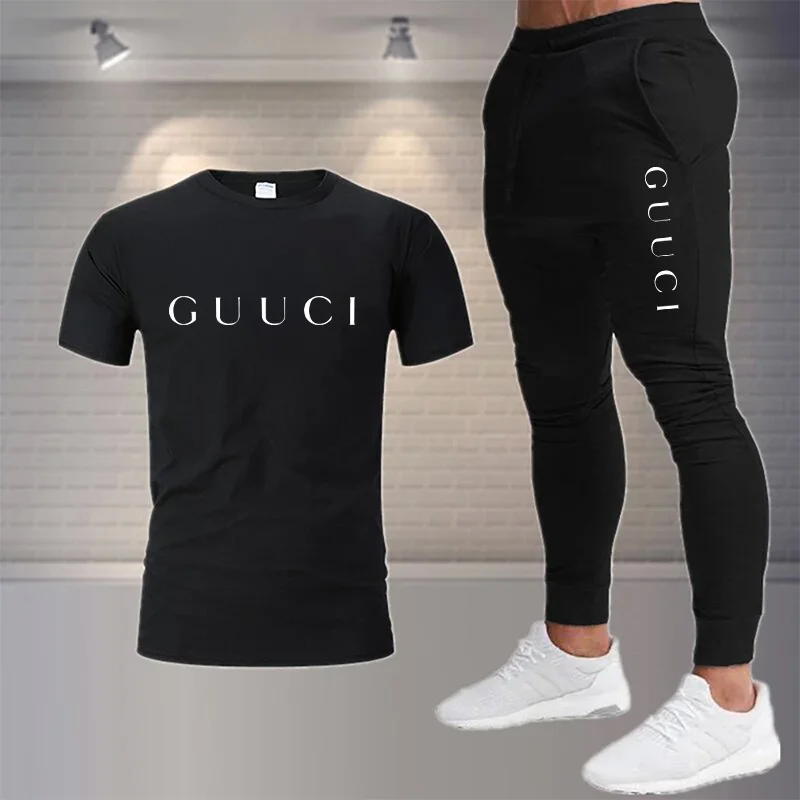 

Summer Casual Tracksuit Men's T-Sirt + Pants Suit Luxury Sort Sleeve Brand Printed Sirts Join Sweatpants Male Sportswear