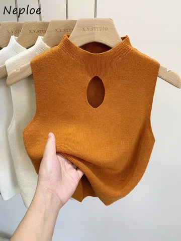 Neploe вязаный пуловер с воротником-стойкой, однотонный жилет без рукавов, винтажные ажурные свитера, осенне-зимний трикотаж Mujer Pull Femme