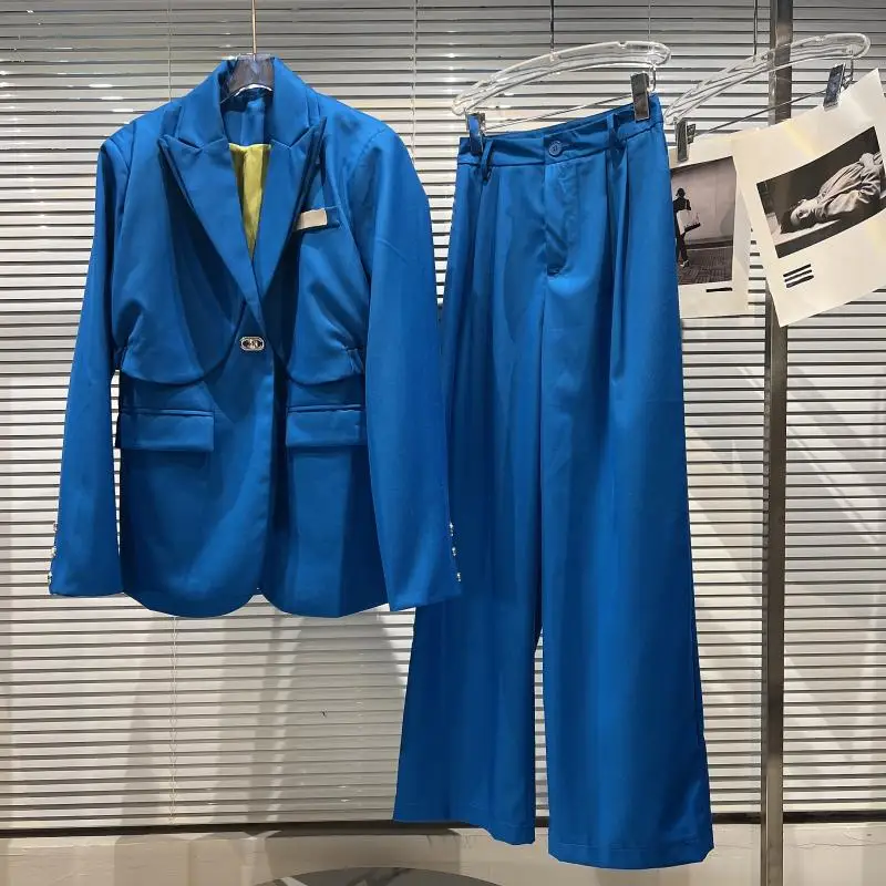 

Женский офисный брючный костюм, свободный блейзер с отложным воротником и длинными рукавами, с металлическими пуговицами и широкими штанин...