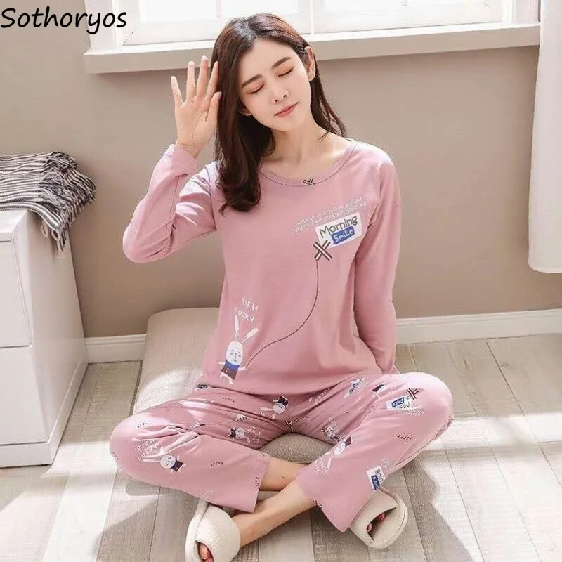 

Pajama Sets Women O-neck Long Sleeve Womens Soft Comfortable Elegant Leisure Loose Printed Cartoon Student High Quality Warm