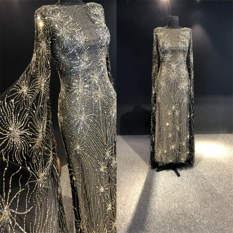 

Luxurious 100%Real Picture Black With Gold Beads O-neck Mermaids Floor-Length Formal Prom Party Bridal Dancing Evening Dresses