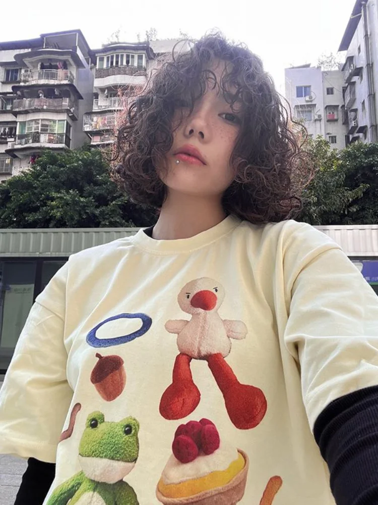 Y2k Cartoon Printing Oversized Retro O Neck T Shirts Women Chic Street Harajuku Outfits New Aesthetic FLoose Airy Grunge Tees images - 6