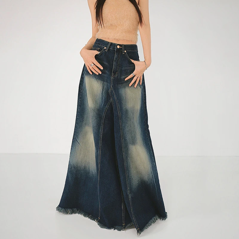 

Hikigawa Chic Fashion Women Vintage Distress Causal Women Denim Skirts Streetwear All Match Irregular Raw Edge Maxi Faldas Mujer