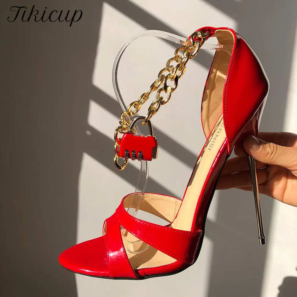 

Tikicup Metal Chains Lock Women 16cm Ultra High Heel Sandals Plus Size 35-46 Summer Sexy Crossdresser Stiletto Pumps Red