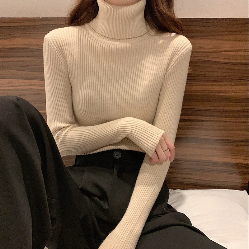 

Rimocy Autumn Winter Wild Turtleneck Sweater Women Basic Long Sleeve Knitted Bottoming Tops Woman Slim Fit Solid Jumper Ladies