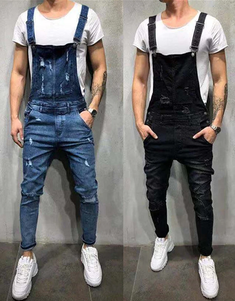 2022 Spring and Autumn New Men's Jeans Fashion Casual Sling Jumpsuit Hawaiian High Street Slim Frayed Pencil Pants Denim Pants