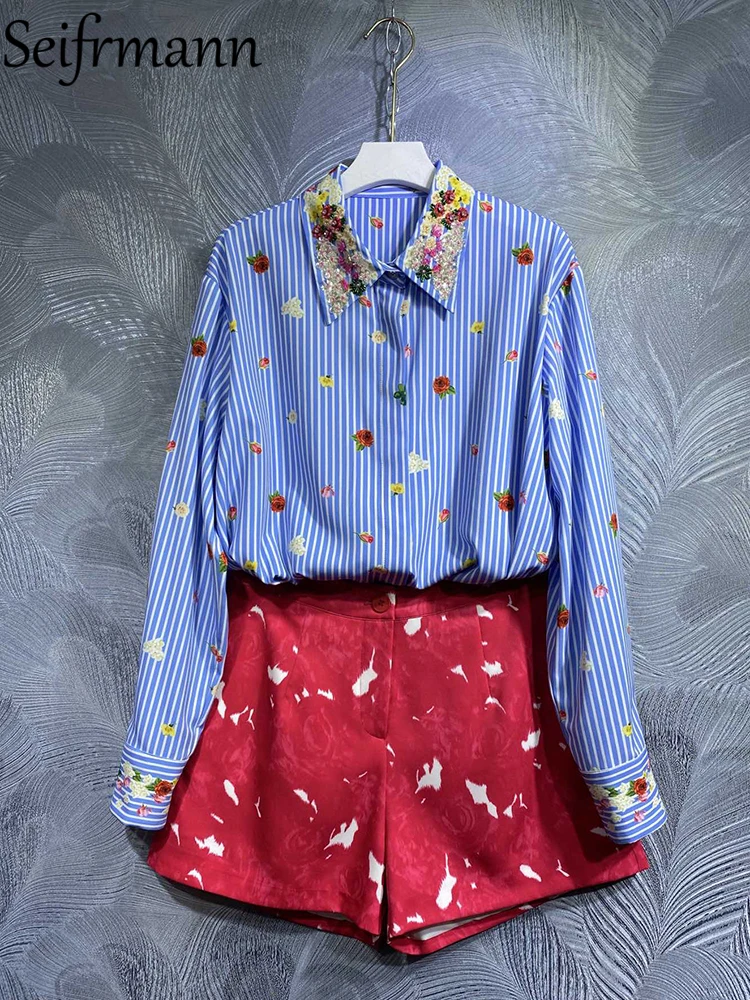 

Женский комплект с шортами Seifrmann, дизайнерский комплект из рубашки в полоску с рукавами-фонариками и шортов с высокой талией, лето