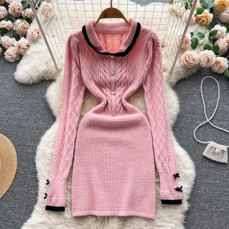 

Color contrast Knitted dress Women's autumn and winter new lapel single breasted hip wrap sweater dress dresses for women 2022