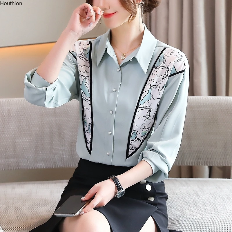 

Satin Women's Blouses Fashion Casual Polo Shirt New Korean Style Long Sleeved Top Printing Female Clothing