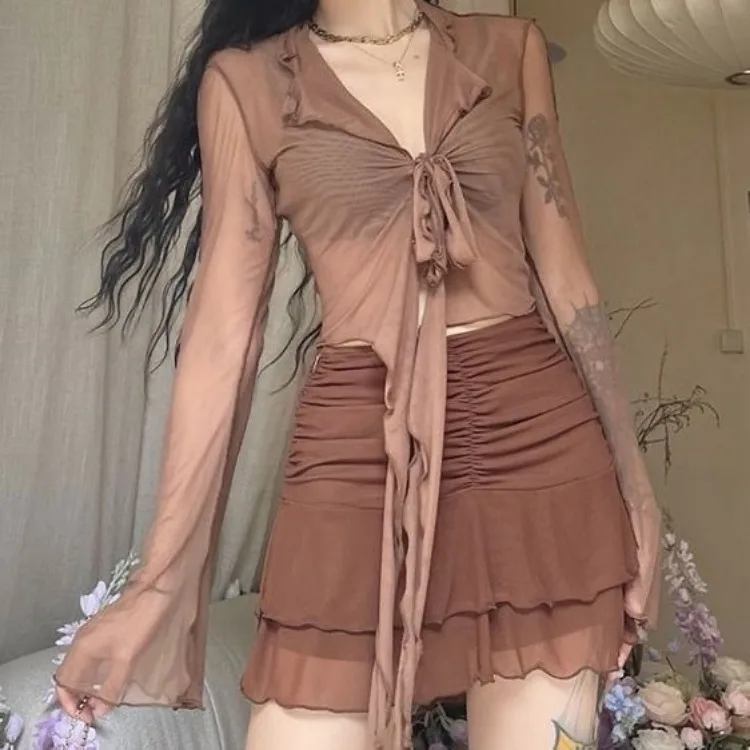 Асимметричные оборки Y2K блузки для женщин летний бандажный кроп-топ с