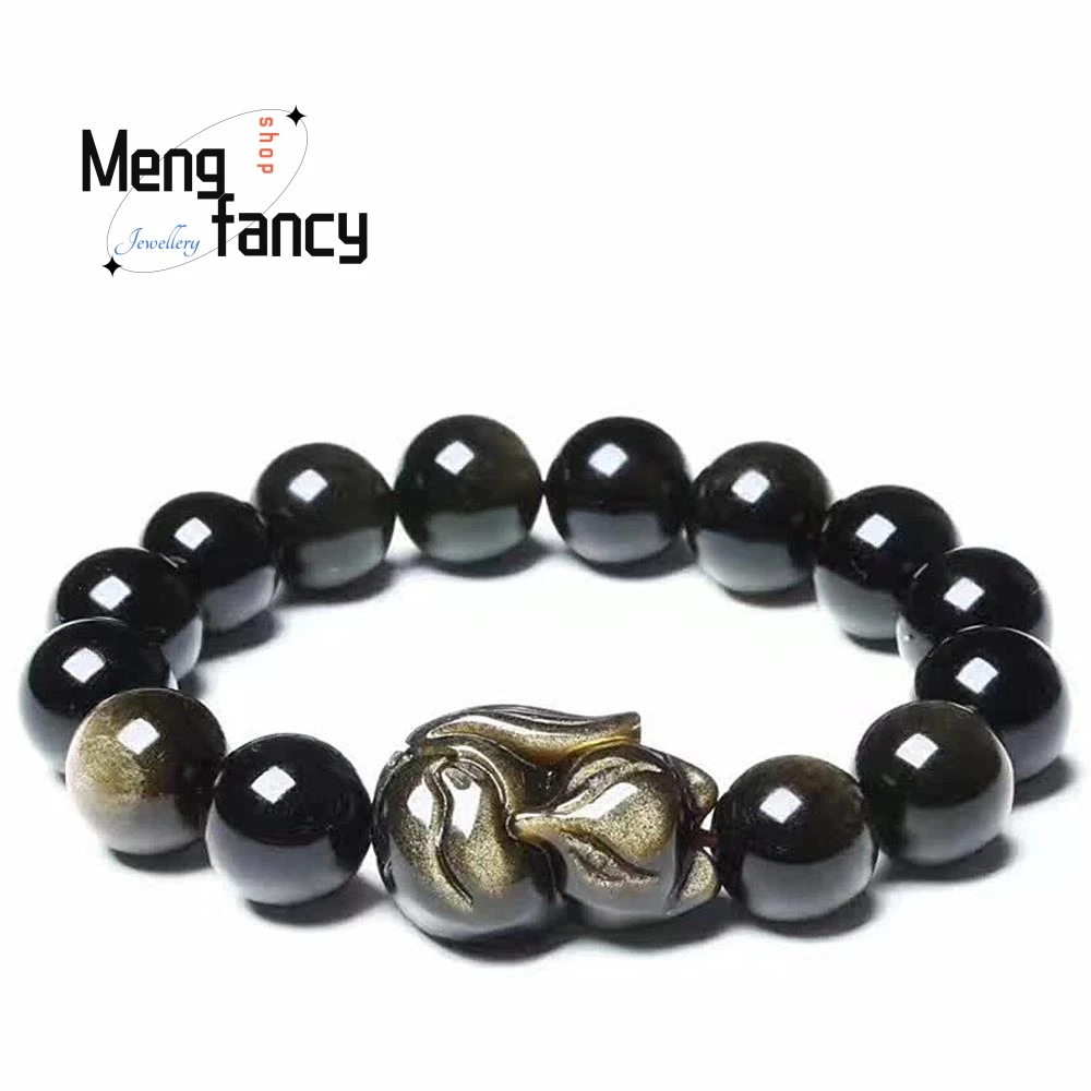 Сказочный браслет из натурального обсидиана в виде маленькой лисы