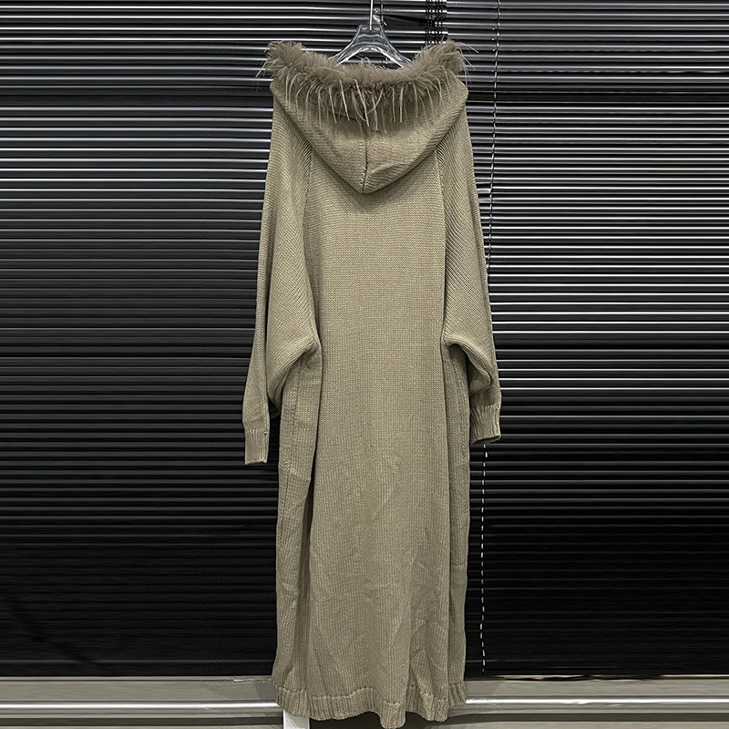 KBQ однотонный лоскутный вязаный свитер с перьями для женщин однобортный длинный