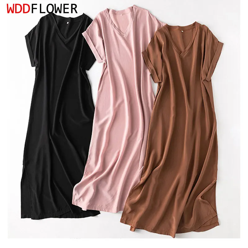 Women 100% Mulberry Silk 19 momme Thick Crepe Silk Midi Dress V neck Short Sleeve Side Slit Long Dress  L XL MM112