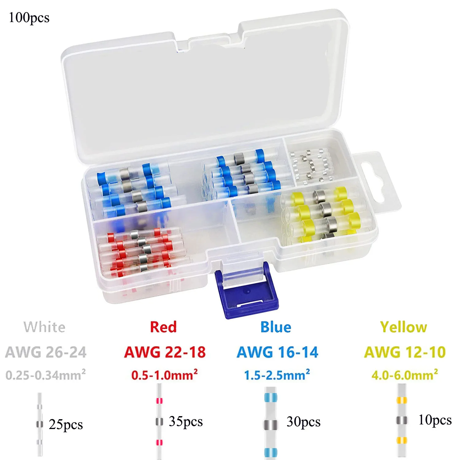 

100Pcs Heat Shrink Butt Connector Crimp Terminals Waterproof Wiring Solder Seal Connector Electrical Wire Splice Terminal w/Box