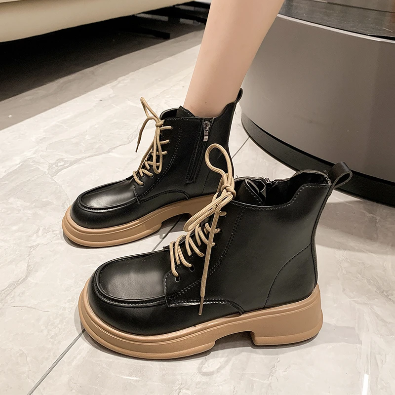 

Женские ботинки 2022, модные зимние ботильоны, женские кожаные ботинки на шнуровке, короткие ботинки на платформе, женские новые женские боти...