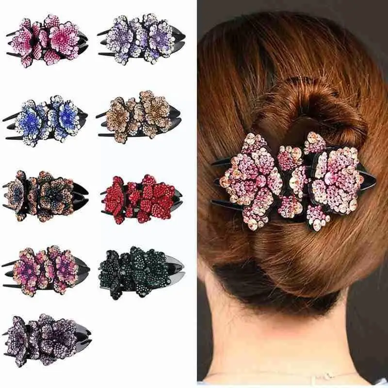 

Блестящие женские заколки для волос с двойными цветами и кристаллами J0H1