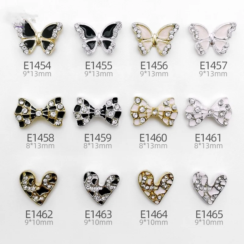 

10pcs Black White Plaid Nail Art Charms 3D Heart Bow Butterfly Nail Rhinestones Decorations DIY Kawaii Nail Accessories Ornament