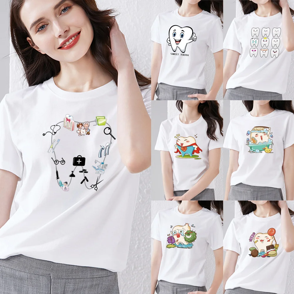 

T-shirt Tops 2022 Summer Harajuku Women Round Neck Short Sleeve Casual Comfortable T-shirts Teeth Print All-match Female Shirts